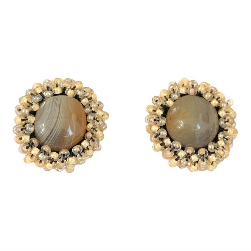 Hand beaded delicate small banded agate  round earrings .75” diameter NOS
